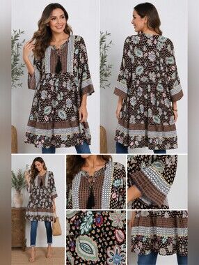 GiGio USA Boho Floral Tunic Dress Women's M Tassel Tie 3/4 Bell Sleeve Rayon.